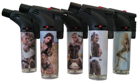 00139-TG — CASE OF 15 REAL TATTOO GIRL SLANT TORCH LIGHTERS