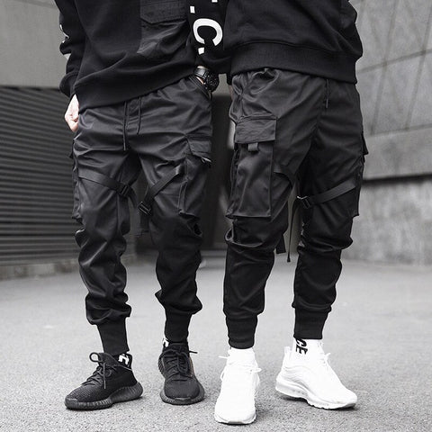 Men Ribbons Color Block Black Pocket Cargo Pants Harem Joggers Harajuku Sweatpant Hip Hop Trousers