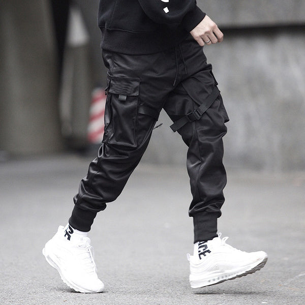 Men Ribbons Color Block Black Pocket Cargo Pants Harem Joggers Harajuku Sweatpant Hip Hop Trousers