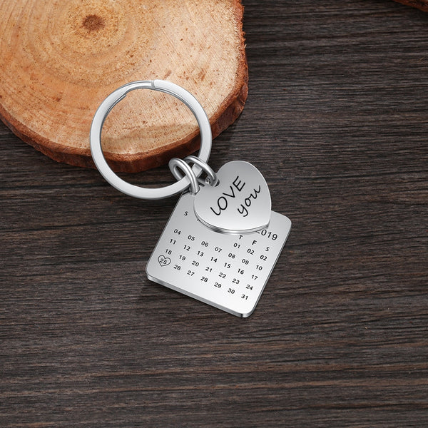 Personalized Calendar Keychain Hand Carved Calendar Highlighted with Heart Date Custom Stainless Steel Keychain(AS101848)