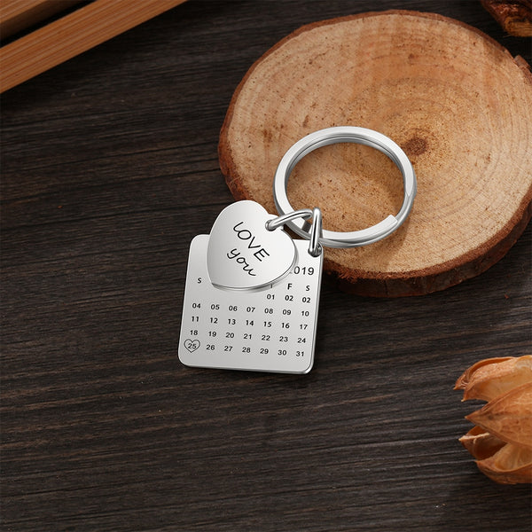 Personalized Calendar Keychain Hand Carved Calendar Highlighted with Heart Date Custom Stainless Steel Keychain(AS101848)