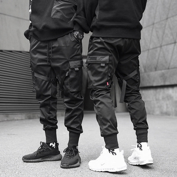 Men Ribbons Color Block Black Pocket Cargo Pants Harem Joggers Harajuku Sweatpant Hip Hop Trousers