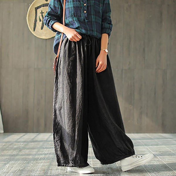 Women Pant Hemp Bloomer Plus Size 2019 Autunm Loose Women Trouser cotton Linen Pleated Oversize Pockets Wide Leg Pant