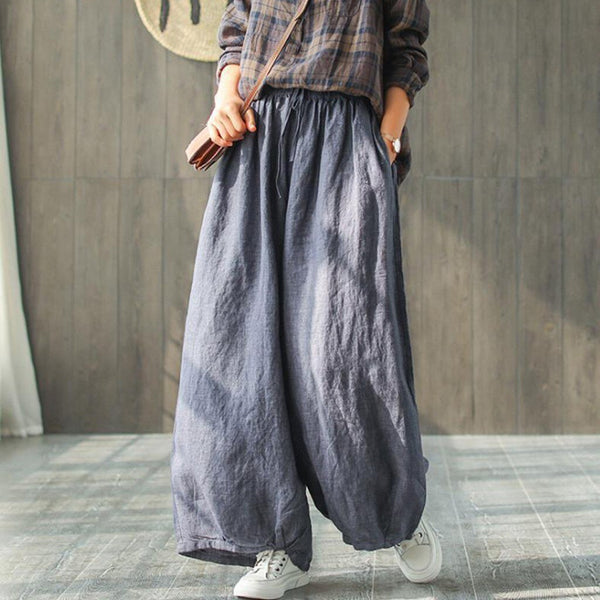 Women Pant Hemp Bloomer Plus Size 2019 Autunm Loose Women Trouser cotton Linen Pleated Oversize Pockets Wide Leg Pant