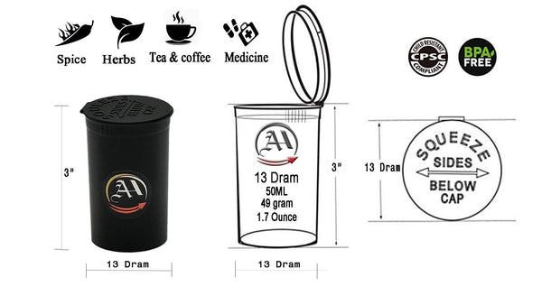 pop top containers Squeeze Lid Jars Pop Vials Medicine Bottles Airtight Smell Proof Containers stash Jars Size (13 Dram to 90 Dram)