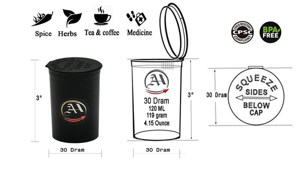 pop top containers Squeeze Lid Jars Pop Vials Medicine Bottles Airtight Smell Proof Containers stash Jars Size (13 Dram to 90 Dram)